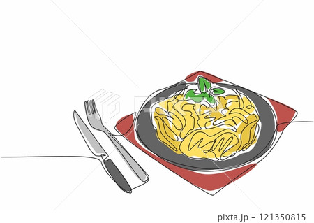 Single continuous line drawing fettuccine carbonara on a black round plate. Served in a classic way. Use a fork and knife to eat it. Savory. National Carbonara Day. One line design vector illustration 121350815