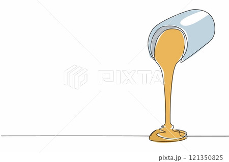 Single one line drawing caramel liquid poured from a jar. Sweet. Sauce. Cream. So delicious in the mouth. Savory ingredients. Tasty. National Caramel Day. Continuous line design graphic illustration 121350825