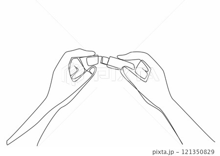 Single one line drawing hand holding and opening the lid of the flash drive. Reliable technology. A large enough memory capacity. National Flash Drive Day. Continuous line design graphic illustration 121350829