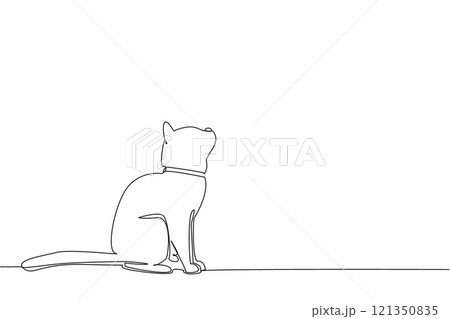 Single continuous line drawing siamese cat posing. Pet tag necklace around the neck. Look up. Seeing and observing flying prey. Cheerful. National Siamese Cat Day. One line design vector illustration 121350835