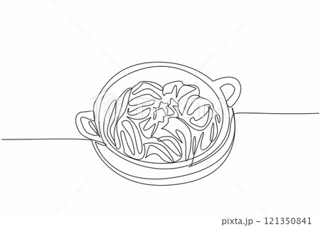 Continuous one line drawing spaghetti carbonara on a black pan with a round wooden cutting board. Keep food warm. Delicious. Tasty. National Carbonara Day. Single line draw design vector illustration Continuous one line drawing spaghetti carbonara on a black pan with a round wooden cutting board. Keep food warm. Delicious. Tasty. National Carbonara Day. Single line draw design vector illustration 121350841