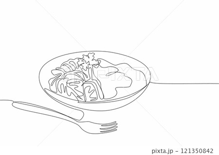 Single continuous line drawing fettuccini carbonara dish ready to be served. Creamy sauce that adds deliciousness to mouth. Amazing taste. National Carbonara Day. One line design vector illustration Single continuous line drawing fettuccini carbonara dish ready to be served. Creamy sauce that adds deliciousness to mouth. Amazing taste. National Carbonara Day. One line design vector illustration 121350842