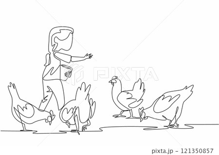 Single one line drawing a girl carrying small bucket and sprinkling food on chickens. First experience of feeding. Best feeling. National Farm Animals Day. Continuous line design graphic illustration Single one line drawing a girl carrying small bucket and sprinkling food on chickens. First experience of feeding. Best feeling. National Farm Animals Day. Continuous line design graphic illustration 121350857