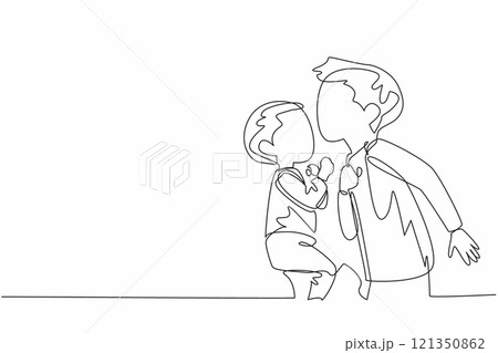 Single continuous line drawing boy kisses his forehead of baby brother. Loves with all the heart. Admirable and adorable behavior. Asleep. National Siblings Day. One line design vector illustration Single continuous line drawing boy kisses his forehead of baby brother. Loves with all the heart. Admirable and adorable behavior. Asleep. National Siblings Day. One line design vector illustration 121350862