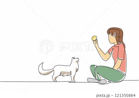 Single one line drawing woman sitting cross-legged playing knitting ball with her cat. Train the sensitivity of a cat. Increase bonding. National Pet Day. Continuous line design graphic illustration Single one line drawing woman sitting cross-legged playing knitting ball with her cat. Train the sensitivity of a cat. Increase bonding. National Pet Day. Continuous line design graphic illustration 121350864