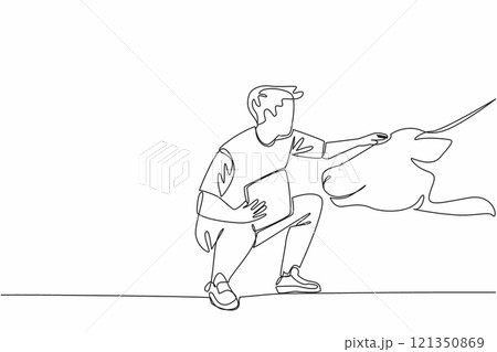 Single continuous line drawing male farmer kneel with clipboard and stroking head of cow. Weekly report notes. Ideal weight of livestock. National Farm Animals Day. One line design vector illustration 121350869