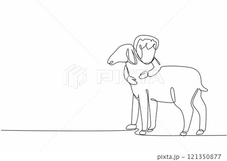 Single one line drawing the little girl hugging sheep. Sold out. Not willing to let go. Nurtured from childhood. Little farmer. National Farm Animals Day. Continuous line design graphic illustration 121350877