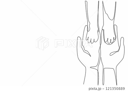 Single continuous line drawing two palms of a person holding two palms of a cat. Building togetherness with the beloved pet cat. Play together. National Pet Day. One line design vector illustration 121350889