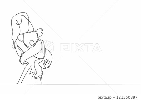 Single one line drawing woman in casual clothes hugging koala. Adorable animal with thick fur. Marsupials originate from Australia. National Zoo Lovers Day. Continuous line design graphic illustration Single one line drawing woman in casual clothes hugging koala. Adorable animal with thick fur. Marsupials originate from Australia. National Zoo Lovers Day. Continuous line design graphic illustration 121350897