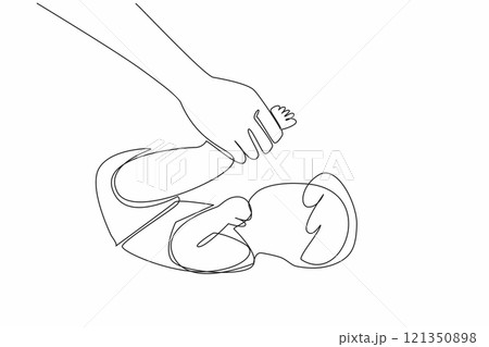 Single continuous line drawing baby massaged with both legs lifted. Stretching. Makes the baby more relaxed. Do it with warm baby oil. Affection. Baby Massage Day. One line design vector illustration 121350898