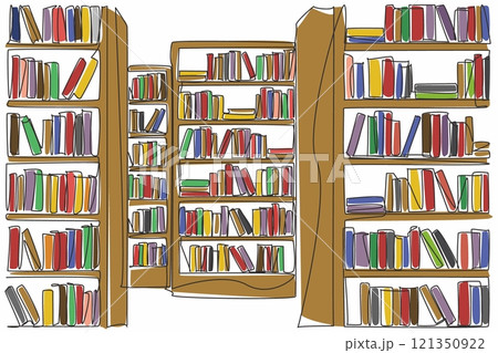 Single continuous line drawing bookcases lined up to create a corridor. The layout of the library makes it easy for visitors. Decoration. National Library Day. One line design vector illustration Single continuous line drawing bookcases lined up to create a corridor. The layout of the library makes it easy for visitors. Decoration. National Library Day. One line design vector illustration 121350922