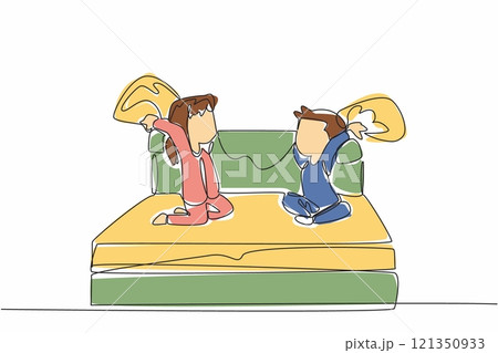 Single one line drawing boy and girl in pajamas sitting on the bed hold a pillow. Activities before going to bed at night. International Pillow Fight Day. Continuous line design graphic illustration 121350933