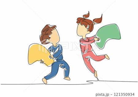 Single continuous line drawing boy and girl standing holding pillows. Looking for winners without medals. Joking full of energy. International Pillow Fight Day. One line design vector illustration Single continuous line drawing boy and girl standing holding pillows. Looking for winners without medals. Joking full of energy. International Pillow Fight Day. One line design vector illustration 121350934