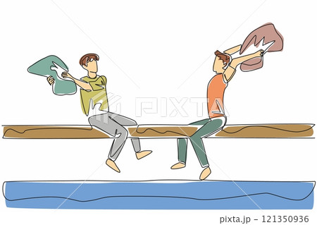 Single one line drawing 2 adult men sitting on large log underneath pool holding pillows. Contest. The wet one is the loser. International Pillow Fight Day. Continuous line design graphic illustration Single one line drawing 2 adult men sitting on large log underneath pool holding pillows. Contest. The wet one is the loser. International Pillow Fight Day. Continuous line design graphic illustration 121350936