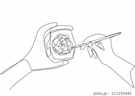 Single one line drawing two hands painting roses on jar using paint brush. Decorate to make it more beautiful and pleasing to eye. National Handmade Day. Continuous line design graphic illustration Single one line drawing two hands painting roses on jar using paint brush. Decorate to make it more beautiful and pleasing to eye. National Handmade Day. Continuous line design graphic illustration 121350945
