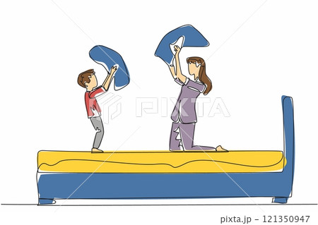 Single continuous line drawing boy standing and mother in pajamas sitting on bed. Compete before sleepy. Strengthening the bond. International Pillow Fight Day. One line design vector illustration Single continuous line drawing boy standing and mother in pajamas sitting on bed. Compete before sleepy. Strengthening the bond. International Pillow Fight Day. One line design vector illustration 121350947