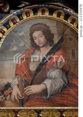 St. Barbara, a virgin and a martyr, a protector of miners and a good death, altarpiece in the Church of the Saint Barbara in Velika Mlaka, Croatia 121350976