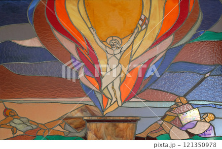 Resurrection of Christ stained glass window in Mother Teresa cathedral in Vau i Dejes, Albania 121350978