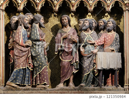 Appearance to the Apostles in the Upper Room, carved and painted frieze inside Notre Dame Cathedral in Paris, France 121350984