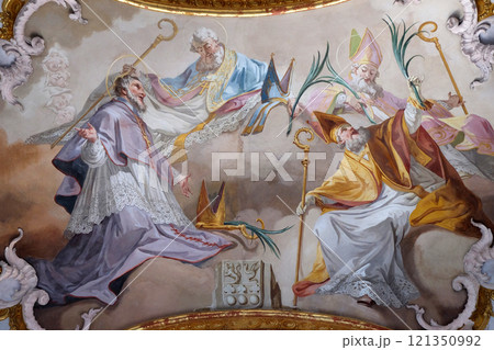 Amorbach abbots and bishops of Verden and Martyrs: Saint Tanco, Kortyla, Haruchus and Erlulphus fresco by Matthaus Gunther in Benedictine monastery church in Amorbach, Germany 121350992