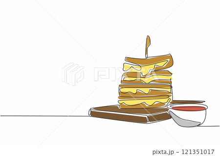 Single continuous line drawing multiple layers of grilled cheese sandwich with melted cheese. More delicious with chili sauce. National Grilled Cheese Sandwich Day. One line design vector illustration Single continuous line drawing multiple layers of grilled cheese sandwich with melted cheese. More delicious with chili sauce. National Grilled Cheese Sandwich Day. One line design vector illustration 121351017