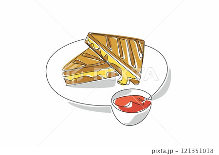 Continuous one line drawing 2 pieces of grilled cheese sandwich stacked with melted cheese on a plate. Appetizer. National Grilled Cheese Sandwich Day. Single line draw design vector illustration Continuous one line drawing 2 pieces of grilled cheese sandwich stacked with melted cheese on a plate. Appetizer. National Grilled Cheese Sandwich Day. Single line draw design vector illustration 121351018