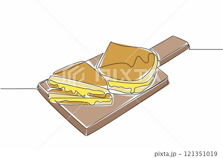Single one line drawing 2 grilled cheese sandwiches on a cutting board. Abundant melted cheese. Deliciousness. Tasty. National Grilled Cheese Sandwich Day. Continuous line design graphic illustration Single one line drawing 2 grilled cheese sandwiches on a cutting board. Abundant melted cheese. Deliciousness. Tasty. National Grilled Cheese Sandwich Day. Continuous line design graphic illustration 121351019