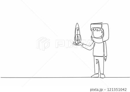 Single continuous line drawing boy holding cardboard rocket wearing cardboard helmet. Resembling spaceman. Dreams that must come true. Big dreams. Cosmonautics Day. One line design vector illustration 121351042