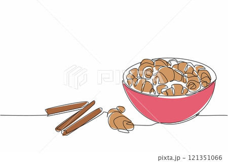 Single one line drawing cinnamon crescents in bowl and several tied cinnamon sticks. Good snack foods for diabetics. Herbs. National Cinnamon Crescent Day. Continuous line design graphic illustration Single one line drawing cinnamon crescents in bowl and several tied cinnamon sticks. Good snack foods for diabetics. Herbs. National Cinnamon Crescent Day. Continuous line design graphic illustration 121351066