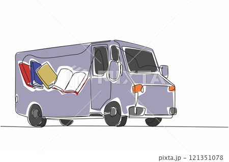 Single continuous line drawing school bus with pictures of books on the side of body. Positive activities to increase interest in reading. National Bookmobile Day. One line design vector illustration 121351078