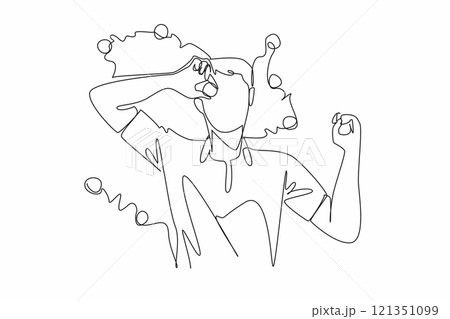 Single continuous line drawing a man lying on the grass holding a golf ball placed on his eye. Free sessions from training are used to take a short break. Amateur. One line design vector illustration Single continuous line drawing a man lying on the grass holding a golf ball placed on his eye. Free sessions from training are used to take a short break. Amateur. One line design vector illustration 121351099