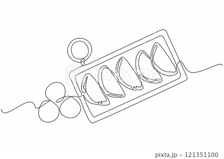 Single continuous line drawing 5 empanadas on a square tray neatly lined up, accompanied by sauce in a small bowl. Serving delicious snacks. National Empanada Day. One line design vector illustration Single continuous line drawing 5 empanadas on a square tray neatly lined up, accompanied by sauce in a small bowl. Serving delicious snacks. National Empanada Day. One line design vector illustration 121351100