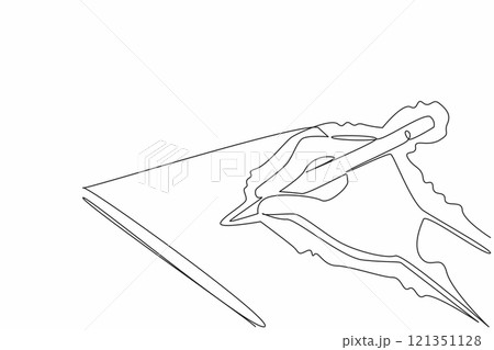 Single one line drawing hands writing on paper using a pencil and shaking. Suffering from motor disorders. Handwriting is not neat and difficult to read. Continuous line design graphic illustration Single one line drawing hands writing on paper using a pencil and shaking. Suffering from motor disorders. Handwriting is not neat and difficult to read. Continuous line design graphic illustration 121351128