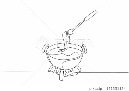 Continuous one line drawing pan heated over fire, inside the pan is melted cheese. Keeps the pot warm. True friend in winter. National Cheese Fondue Day. Single line draw design vector illustration 121351134
