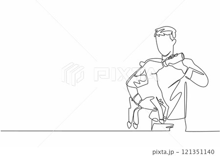 Single continuous line drawing male farmer hold goat kid and feeding it milk from a bottle. Sick. Cannot breastfeed directly. Preventive. National Farm Animals Day. One line design vector illustration 121351140