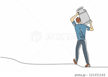 Single continuous line drawing male farmer carrying a milking container. Bringing fresh milk from the farm. Milk processing industry. National Farm Animals Day. One line design vector illustration 121351143