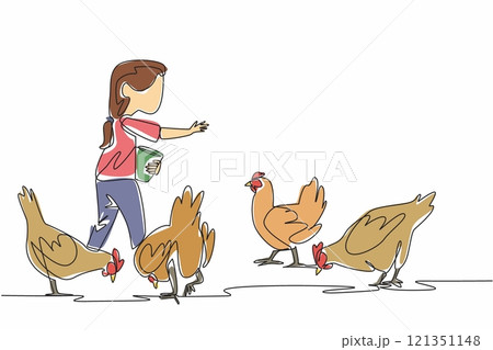 Single one line drawing a girl carrying small bucket and sprinkling food on chickens. First experience of feeding. Best feeling. National Farm Animals Day. Continuous line design graphic illustration 121351148