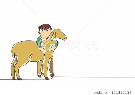 Continuous one line drawing the little boy hugging sheep. Loving the first pet. Cultivating the spirit of animal husbandry. National Farm Animals Day. Single line draw design vector illustration Continuous one line drawing the little boy hugging sheep. Loving the first pet. Cultivating the spirit of animal husbandry. National Farm Animals Day. Single line draw design vector illustration 121351157