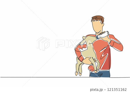 Single continuous line drawing male farmer hold goat kid and feeding it milk from a bottle. Sick. Cannot breastfeed directly. Preventive. National Farm Animals Day. One line design vector illustration Single continuous line drawing male farmer hold goat kid and feeding it milk from a bottle. Sick. Cannot breastfeed directly. Preventive. National Farm Animals Day. One line design vector illustration 121351162