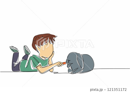 Single one line drawing boy prone to feeding carrots to rabbit. Casually caring with full affection. Favorite food. Stay healthy. National Farm Animals Day. Continuous line design graphic illustration Single one line drawing boy prone to feeding carrots to rabbit. Casually caring with full affection. Favorite food. Stay healthy. National Farm Animals Day. Continuous line design graphic illustration 121351172