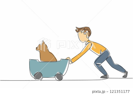 Single one line drawing a boy is pushing a wheeled cart containing a cat. Playing happily. Taking care of pets. Fun and cheerful. Cute. National Pet Day. Continuous line design graphic illustration Single one line drawing a boy is pushing a wheeled cart containing a cat. Playing happily. Taking care of pets. Fun and cheerful. Cute. National Pet Day. Continuous line design graphic illustration 121351177