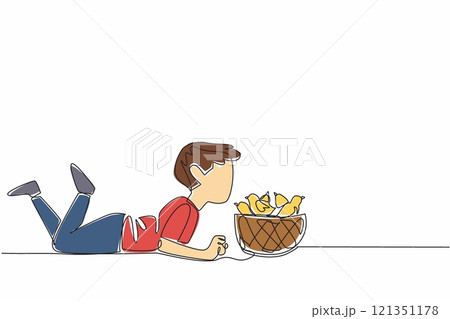 Continuous one line drawing the little boy prone giving kisses to the chicks in the basket. The first chicken farming experiment. National Farm Animals Day. Single line draw design vector illustration Continuous one line drawing the little boy prone giving kisses to the chicks in the basket. The first chicken farming experiment. National Farm Animals Day. Single line draw design vector illustration 121351178