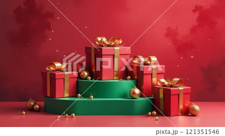 red gift box with gold ribbon sits atop a tiered display, adorned with golden ornaments and greenery, all set against a rich red background. 121351546