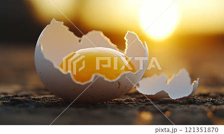 Egg Yolk in Broken Shell with Sunlight Glow  121351870