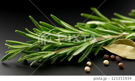 Fresh Rosemary and Peppercorns on Dark Surface  121351934