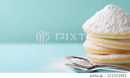 Stacked Pancakes with Powdered Sugar  121351981