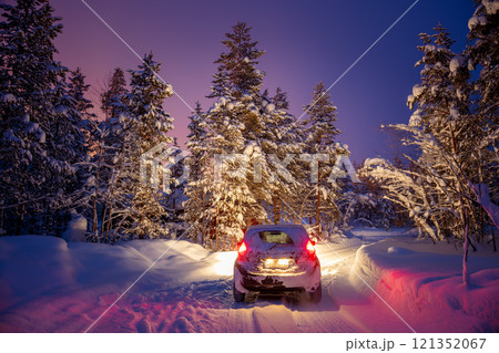 Car on a Winter Forest Road at Night 121352067