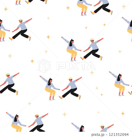 Seamless Pattern with Cheerful Swing Dancing People. Vibrant Design for Party, Wrapping Paper and Fun-Themed Projects 121352094