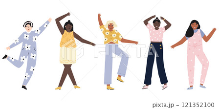 Vector set of happy dancing girls, having fun and enjoying themselves. Colorful flat illustrations on white background 121352100