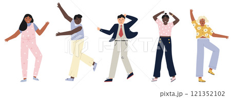 Vector set of happy people dancing swing, having fun and enjoying themselves. Colorful flat illustrations Vector set of happy people dancing swing, having fun and enjoying themselves. Colorful flat illustrations 121352102